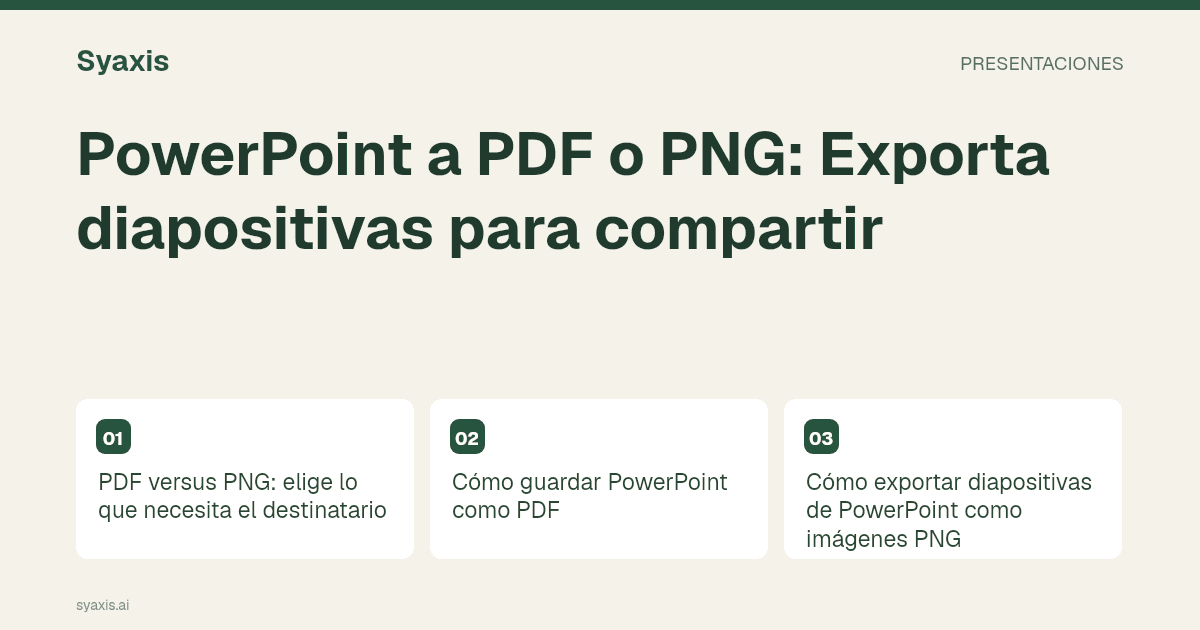 PowerPoint a PDF o PNG: Exporta diapositivas para compartir — guía ilustrada con los pasos y decisiones principales.