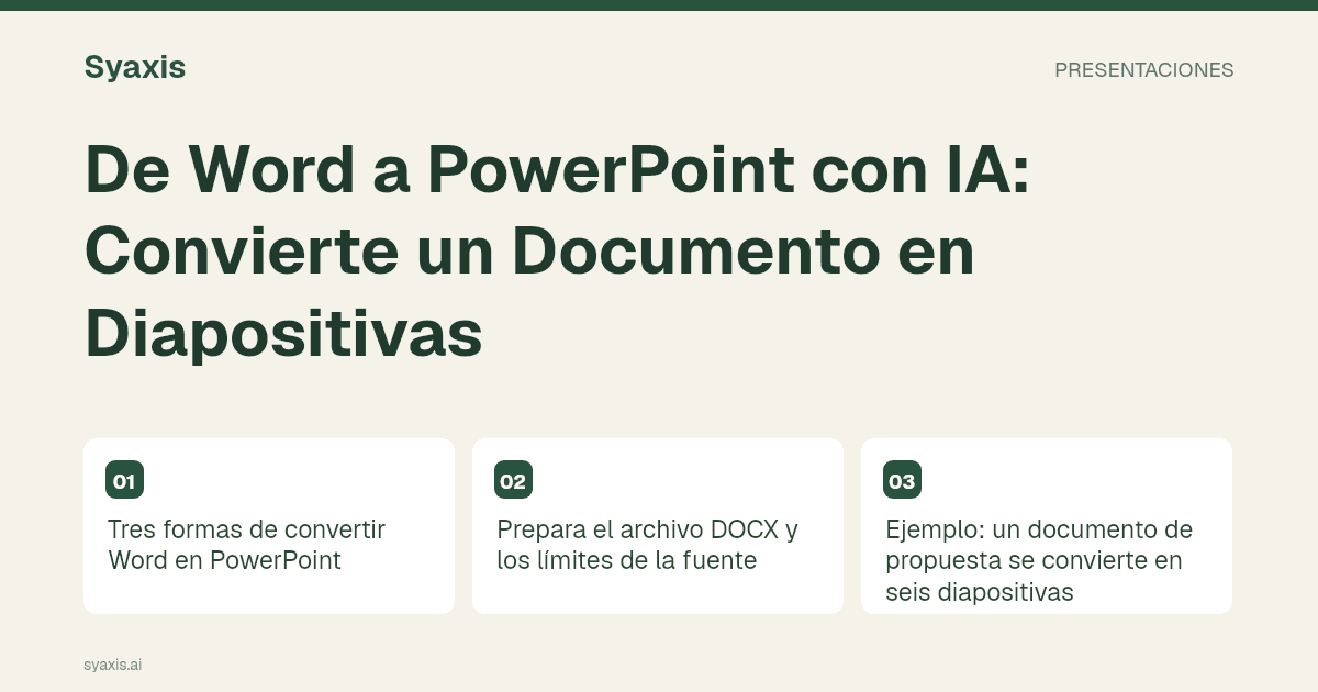 De Word a PowerPoint con IA: Convierte un Documento en Diapositivas — guía ilustrada con los pasos y decisiones principales.