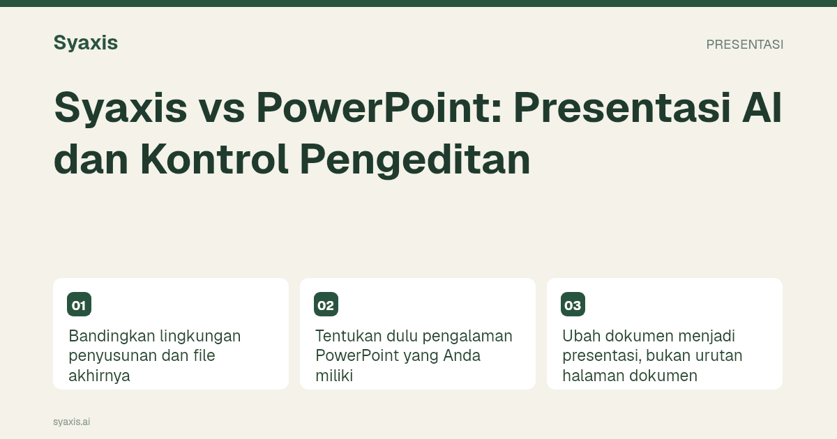 Ikhtisar berdampingan alur kerja presentasi Syaxis dan PowerPoint.