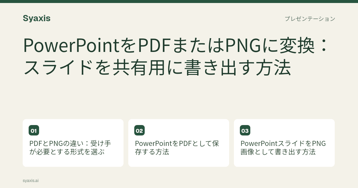 PowerPointをPDFまたはPNGに変換：主要な手順と判断ポイントを示したイラスト付きガイド