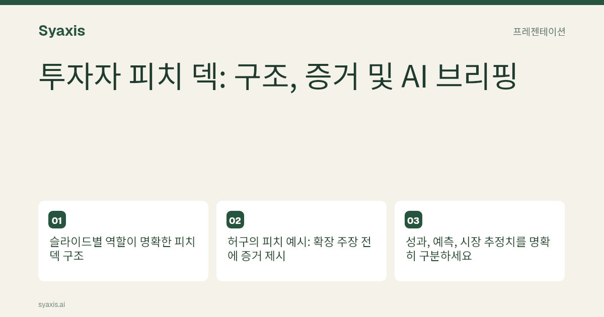 투자자 피치 덱: 주요 단계와 결정 사항을 보여주는 구조 및 증거, AI 브리핑 일러스트 가이드