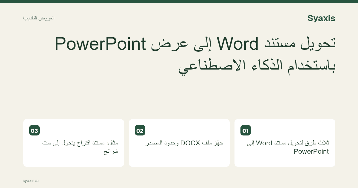 تحويل مستند Word إلى عرض PowerPoint باستخدام الذكاء الاصطناعي: دليل مصوّر يوضح الخطوات والقرارات الرئيسية.
