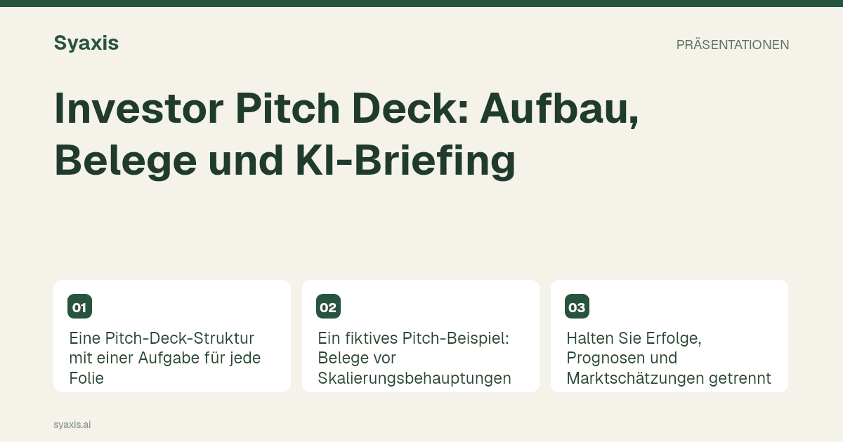 Investor Pitch Deck: Aufbau, Belege und KI-Briefing – illustrierte Anleitung mit den wichtigsten Schritten und Entscheidungen.