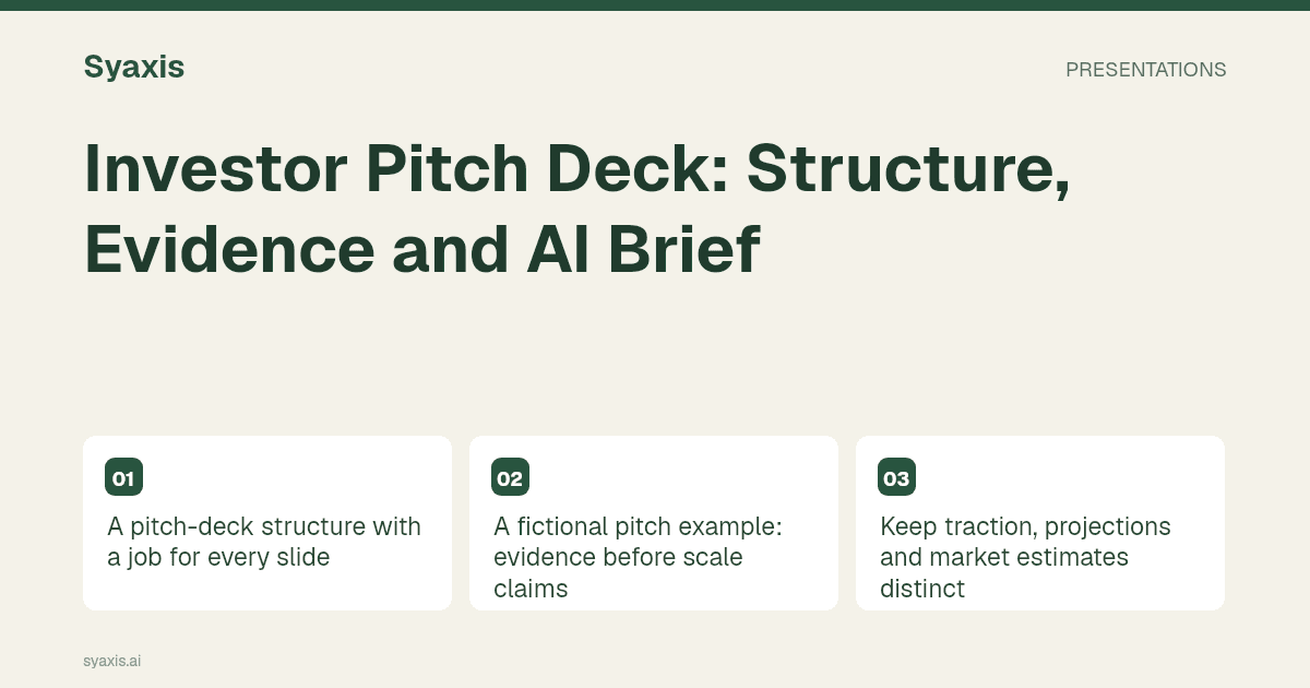 Investor Pitch Deck: Structure, Evidence and AI Brief — illustrated guide with the main steps and decisions.