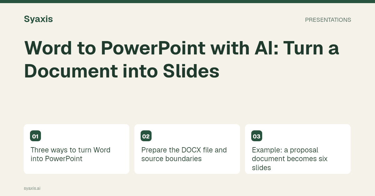 Word to PowerPoint with AI: Turn a Document into Slides — illustrated guide with the main steps and decisions.