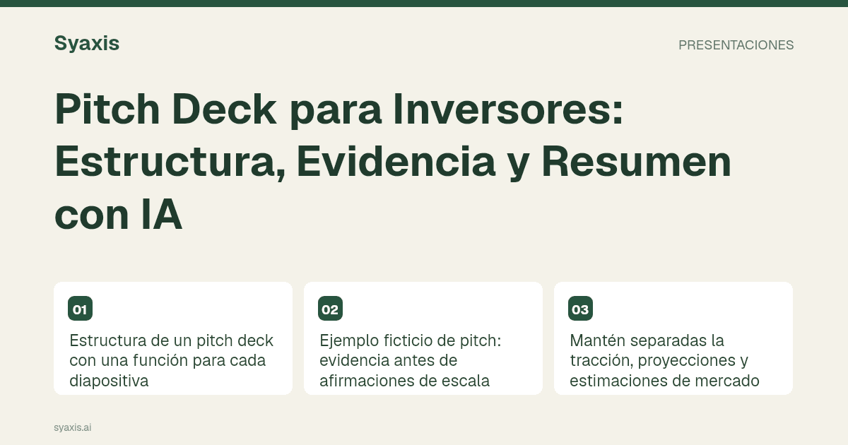 Pitch Deck para Inversores: Estructura, Evidencia y Resumen con IA — guía ilustrada con los pasos y decisiones principales.