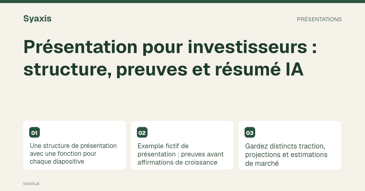 Présentation pour investisseurs : structure, preuves et résumé IA — guide illustré avec les étapes et décisions principales.