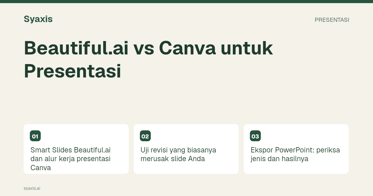 Beautiful.ai vs Canva untuk Presentasi — panduan ilustrasi dengan langkah dan keputusan utama.