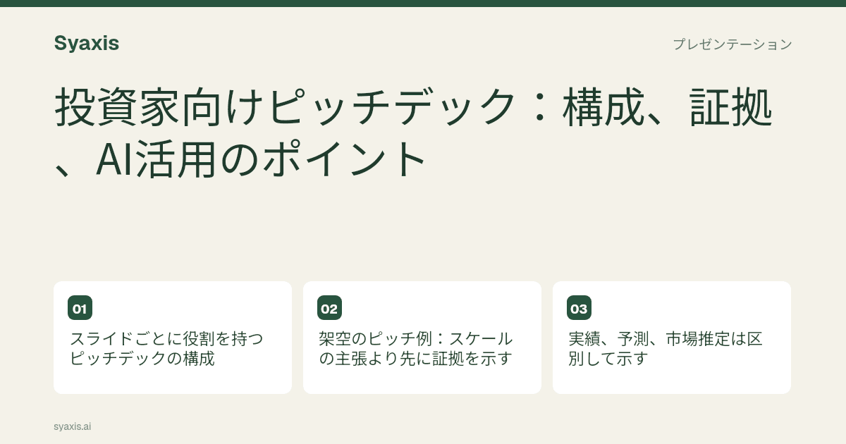 投資家向けピッチデック:構成、証拠、AI活用のポイント — 主要なステップと意思決定を示したイラスト付きガイド