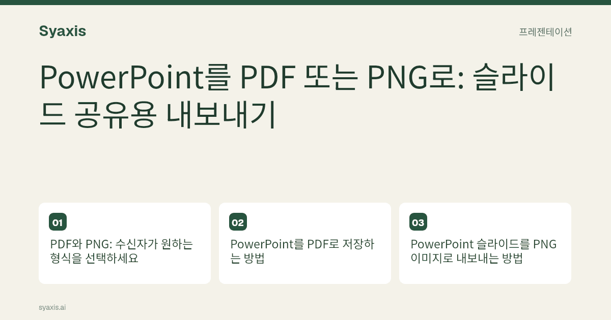 PowerPoint를 PDF 또는 PNG로: 주요 단계와 선택 사항을 설명하는 안내 이미지