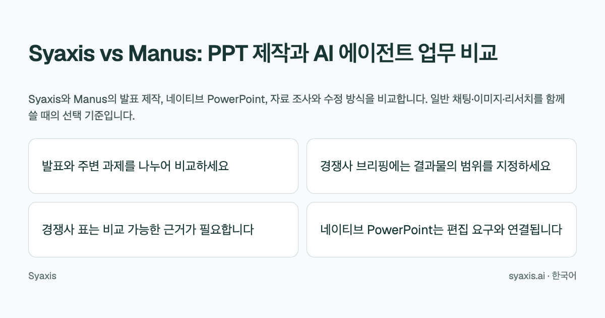 Syaxis vs Manus: PPT 제작과 AI 에이전트 업무 비교