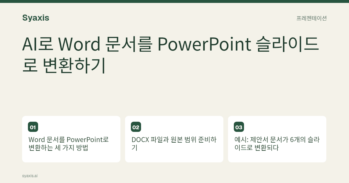 AI로 Word 문서를 PowerPoint 슬라이드로 변환하기 — 주요 단계와 결정 과정을 보여주는 안내 이미지