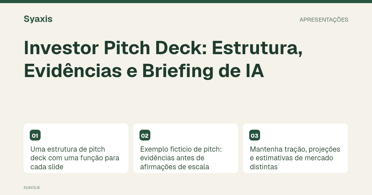 Investor Pitch Deck: Estrutura, Evidências e Briefing de IA — guia ilustrado com os principais passos e decisões.