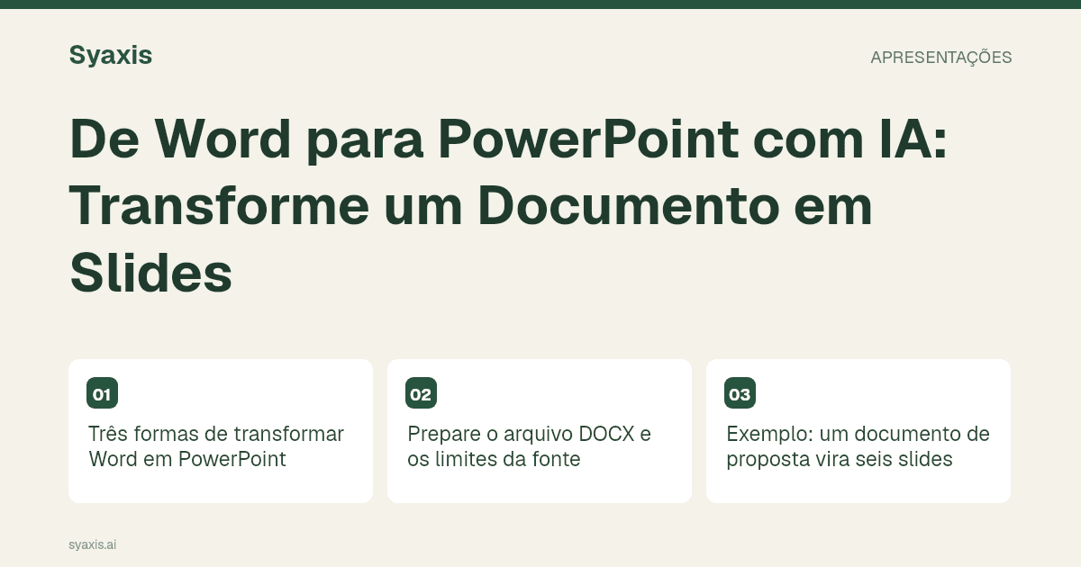 De Word para PowerPoint com IA: Transforme um Documento em Slides — guia ilustrado com os principais passos e decisões.